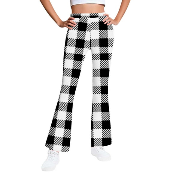 AHTJRT Girls Flare Pants Casual Plaid Lounge Running Yoga Trousers Elastic Highwaist Leggings Stretchy Warm Fleece Lined Pants Black 5-6 Years