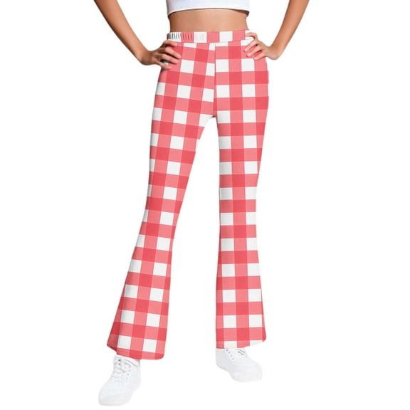 AHTJRT Girls Flare Pants Casual Plaid Lounge Running Yoga Trousers Elastic Highwaist Leggings Stretchy Warm Fleece Lined Pants Red#01 7-8 Years