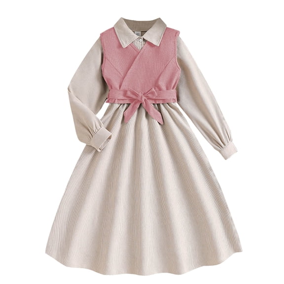 AHTJRT Girls Long Sleee Dress Corduroy Lapel Button Shirt Dress with Belt Detachable Vest Waistcoat Dresses Casual Fall Winter Clothes Pink 7-8 Years