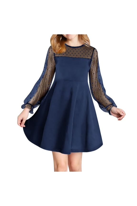 Girls Long Sleeve Dresses Puff Sleeve Contrast Mesh a Line Maxi Dress Fall Spring Dinner Party Pageant Ball Gowns Navy 15 Years