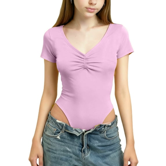 AHTJRT Girls Long Sleeve T Shirt Bodysuit Tops Lightweight Breathable V Neck Romper Jumpsuit Casual Dancing Ballet Sports Leotards Pink#02 9-10 Years