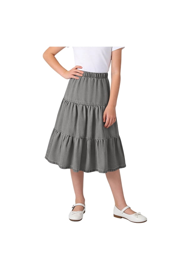 Girls Midi Skirts Mid Long Length Skirts 3 Layered Flowy Swing Skirt Teen Girls A-Line Elastic Waist Modest Soft Comfort Skirts Gray 6-7 Years