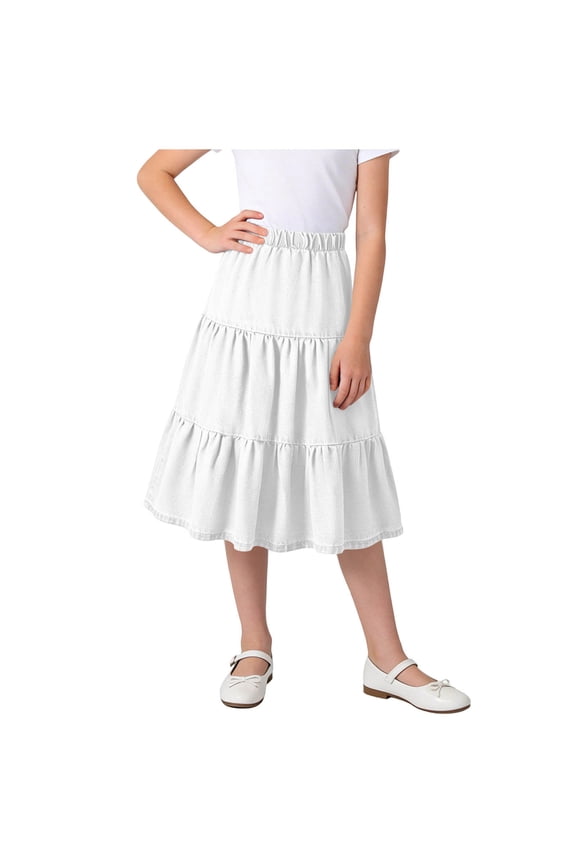 Girls Midi Skirts Mid Long Length Skirts 3 Layered Flowy Swing Skirt Teen Girls A-Line Elastic Waist Modest Soft Comfort Skirts White 8-9 Years