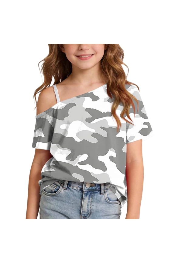 Girls Off the Shoulder Tops Asymmetrical Neck Short Sleeve Oversized T-Shirts Y2K Cute Summer Streetwear Blouses Gray 13-14 Years