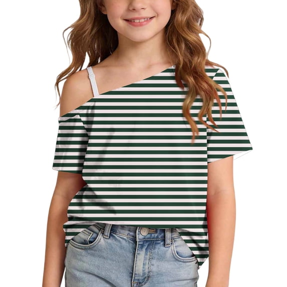 AHTJRT Girls Off the Shoulder Tops Asymmetrical Neck Short Sleeve Oversized T-Shirts Y2K Cute Summer Streetwear Blouses Green#06 7-8 Years