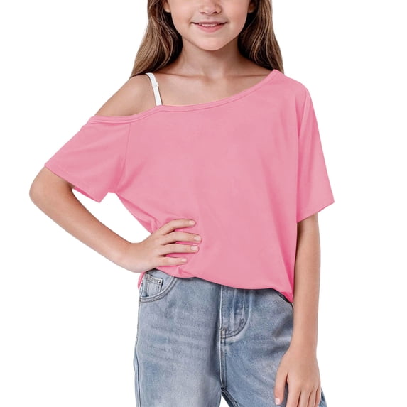 AHTJRT Girls Off the Shoulder Tops Asymmetrical Neck Short Sleeve Oversized T-Shirts Y2K Cute Summer Streetwear Blouses Pink#01 7-8 Years