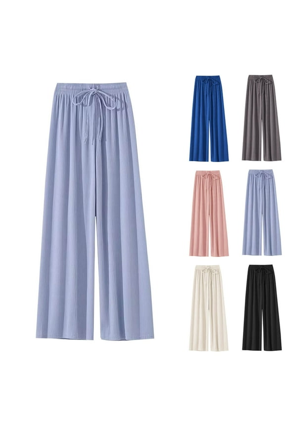 Girls Palazzo Pants Drawstring High Elastic Waist Trousers Ribbed Knit Wide Leg Pants Stretch Lounge Street Ice Silk Pants Black 7-8 Years