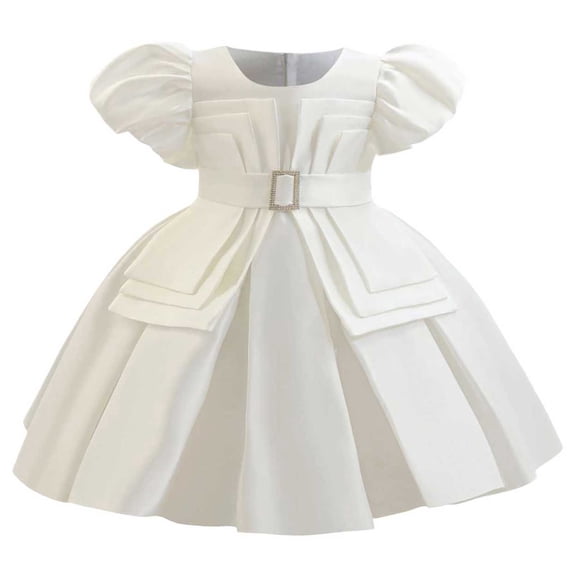 AHTJRT Girls Party Dress Elegant Puff Sleeve Flower Princess Dress Belted Back Zipper Satin Dresses for Prom Wedding Birthday White 3 Years