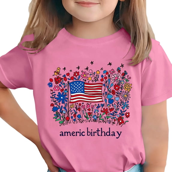 AHTJRT Girls Patriotic Shirts American Birthday Tee Tops Summer 4th of July Short Sleeve Tee Shirts Pink 10-11 Years