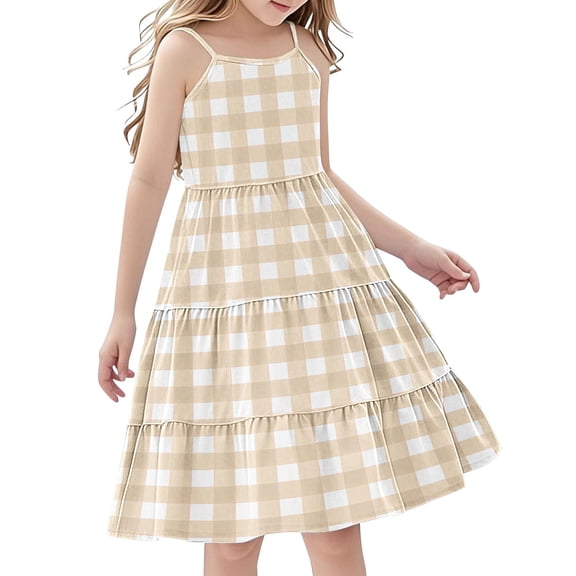 AHTJRT Girls Plaid Dress Lightweight Boho Beach Sundress Breathable Spaghetti Straps Dresses Travel Vacation Maxi Dress Beige 4 Years