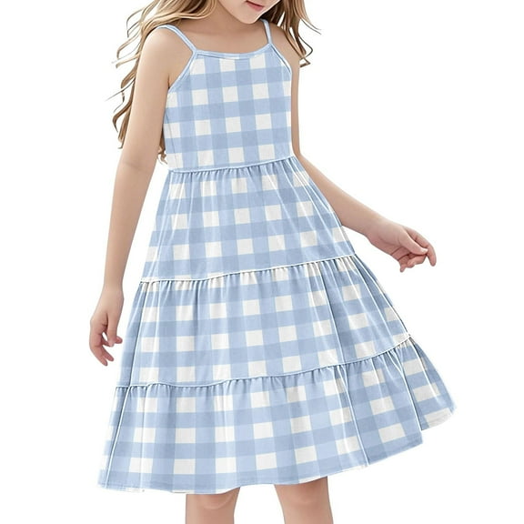 AHTJRT Girls Plaid Dress Lightweight Boho Beach Sundress Breathable Spaghetti Straps Dresses Travel Vacation Maxi Dress Blue 11 Years