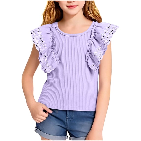 AHTJRT Girls Ruffle Short Sleeve T Shirts Eyelet Embroidered Casual Cute Summer Fitted Comfy Ribbed Knit Crewneck Tops Blouses Purple 7-8 Years