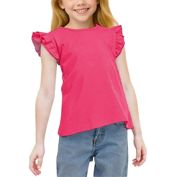 AHTJRT Girls Shirt Flounce Crew Neck Sleeveless T Shirt Fashion Lightweight Breathable Solid Tee Tops for Outdoor Activities Hot Pink 3 Years