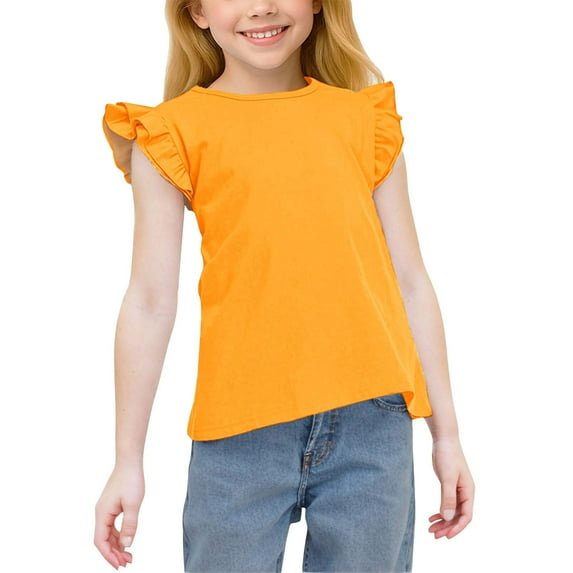 AHTJRT Girls Shirt Flounce Crew Neck Sleeveless T Shirt Fashion Lightweight Breathable Solid Tee Tops for Outdoor Activities Orange 10 Years