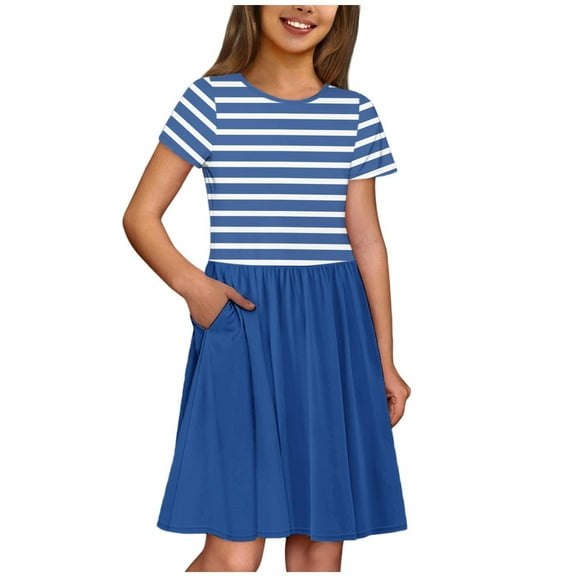 AHTJRT Girls Short Sleeve Dresses Casual Crewneck Striped Color Tshirt Dress with Pockets Lightweight Fall Spring Summer Clothes Blue 3 Years