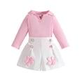 thumbnail image 1 of AHTJRT Girls Skirt Set Casual Fall Spring 2 Pieces Clothes Set Ribbed Knit Long Sleeve V Neck Shirt and Skort Skirts Outfit Pink 0-1 Years, 1 of 9