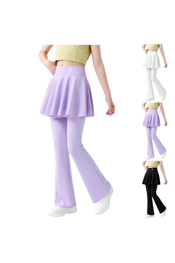 Girls Skirted Flare Pants Stretch High Waisted Ruffle Skirts Fashion Summer Active Workout Running Yoga Bell Bottoms Purple 7-8 Years