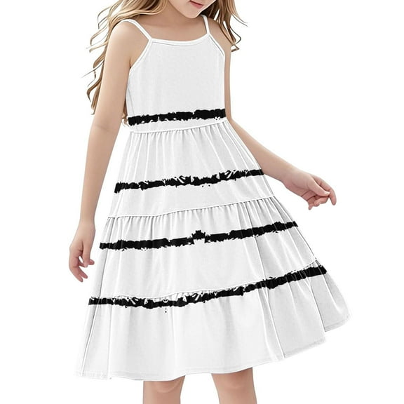 AHTJRT Girls Summer Cami Dress Boho Beach Dresses Fashion Striped Color Spaghetti Straps Maxi Dresses for Travel Vacation White 4 Years