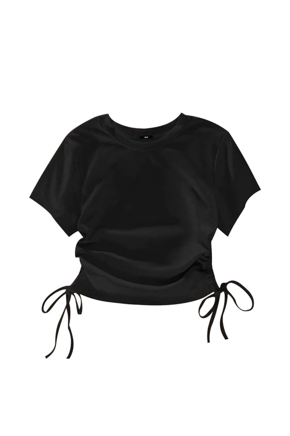 Girls Tee Shirts Slim Fit Short Sleeve Crew Neck Tops Stretchable Ruched Drawstring Side Tee Tops Cute Summer Clothes Black 12 Years