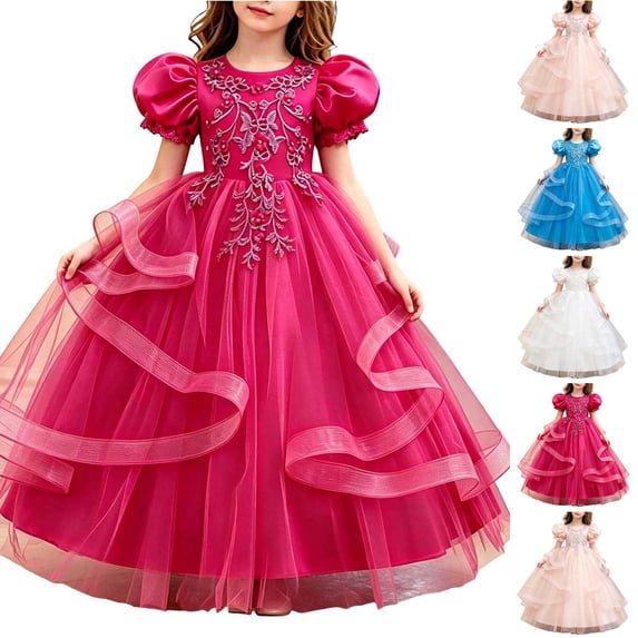 AHTJRT Girls Tulle Ball Gowns with Floral Embroidery Puff Short Sleeves Crew Neck Tiered Sheer Mesh Princess Party Flowy Dress Pink 5-6 Years