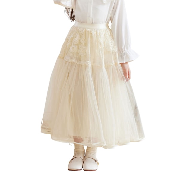 AHTJRT Girls Tulle Dress Cute Fashion Floral A-Line Long Tutu Skirts Casual High Elastic Waist Dresses Bridal Princess Party Beige 5-6 Years