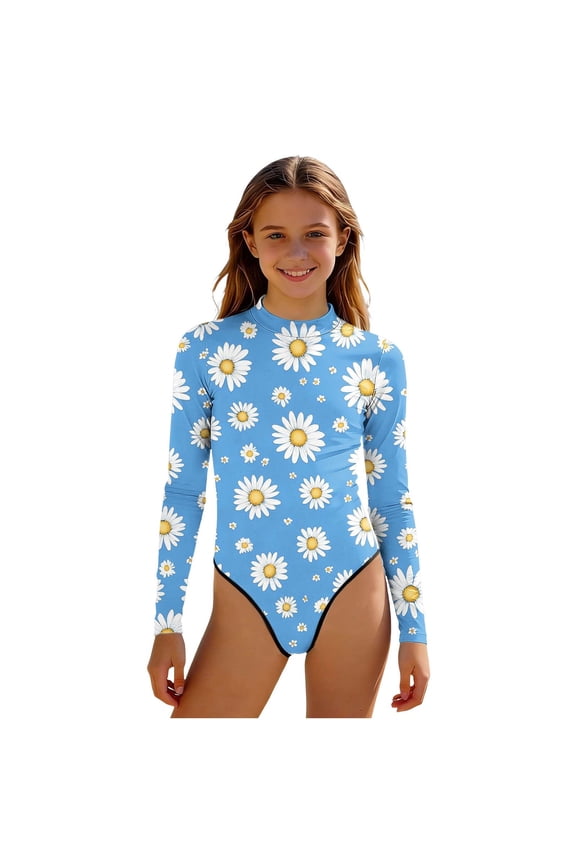 Girls's Long Sleeve Rash Guard Swimsuit High Waist Crewneck One Piece Back Zipper Surfing Bodysuit Bathing Suits Multicolor#02 3-4 Years