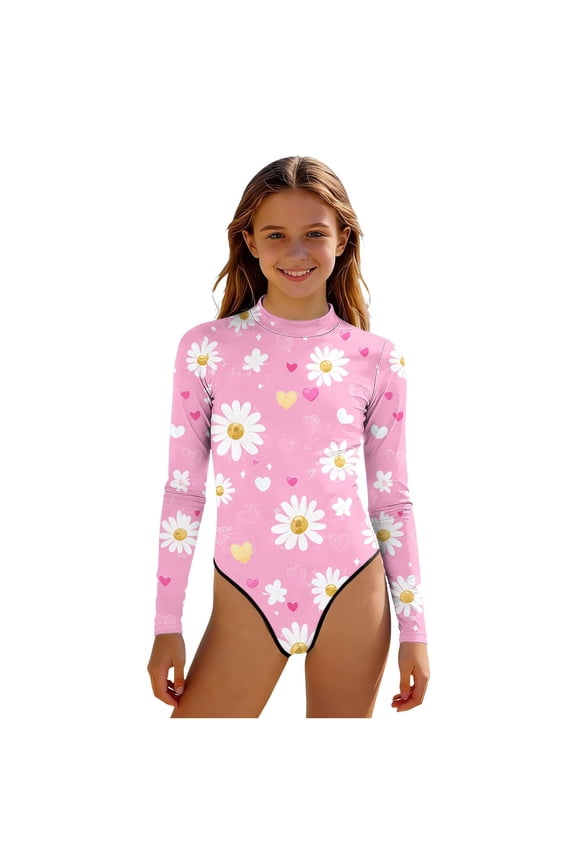 Girls's Long Sleeve Rash Guard Swimsuit High Waist Crewneck One Piece Back Zipper Surfing Bodysuit Bathing Suits Multicolor#07 7-8 Years
