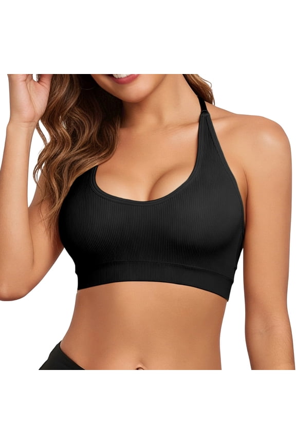 Halter Backless Sports Bra for Women Low-Cut Ribbed Knit Wirefree Lingerie Bras Workout Gym Running Camisole Crop Tops Black S
