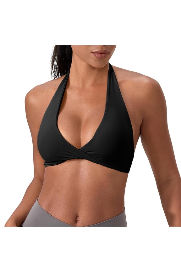 Halter Bras for Women Twisted Front Plunging Bras Seamless Supportive Low Back Brassiere Wih Detachable Chest Pad Black XL