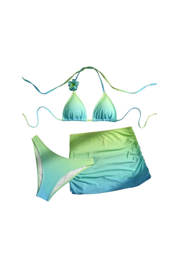 Halter Triangle Bikini Sets for Women Fashion Gradient Color 3 Pieces Bathing Suit Bralettes Swim Cover-Ups High Cut Thong Summer Swimwear Green XL