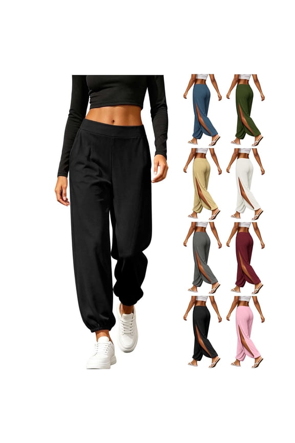 High Slit Harem Pants for Women Hippie Pilates Dance Yoga Workout Trousers Elastic Waist Comfot Breathable Soft Loose Fit Daily Wear Pants Khaki S