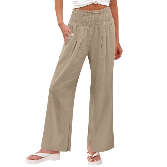 AHTJRT High Waist Pants for Women Drawstring Waist Tummy Control Straight Leg Trousers Side Slit Casaul Summer Palazzo Pants Red XXL