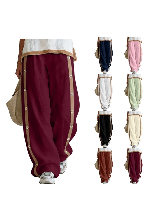 High Waisted Pants for Women Casual Loose Straight Leg Slacks Side Button Down Decor Elastic Waist Track Trousers Navy S
