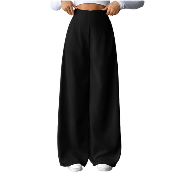 AHTJRT High Waisted Work Pants for Women Baggy Office Dress Palazzo Pants Loose Fit Casual Slacks Pants with Pockets Black L