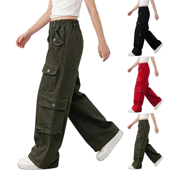 AHTJRT Hiking Cargo Pants for Kids Baggy Wide Leg Jeans Trousers with Multi-pockets High Elastic Waist Travel Denim Pants Black 7-8 Years