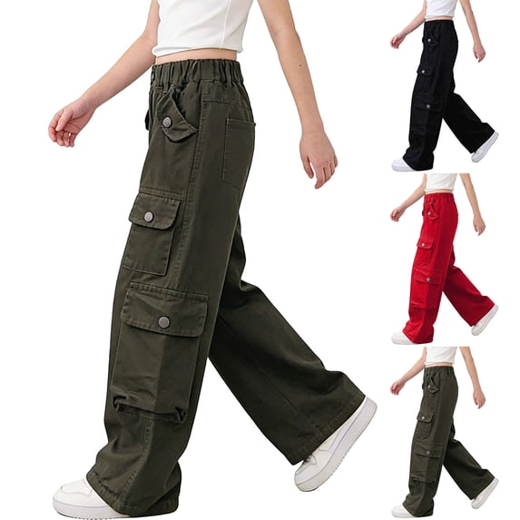AHTJRT Hiking Cargo Pants for Kids Baggy Wide Leg Jeans Trousers with Multi-pockets High Elastic Waist Travel Denim Pants Black 9-10 Years