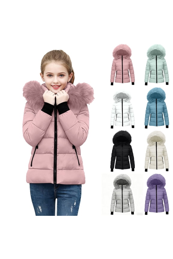 Hooded Puffer Jacket for Girls Full Zip Solid Color Outerwear Coats with Zipper Pockets Thermal Winter Wind Resistant Waterproof Shackets Black 5-6 Years