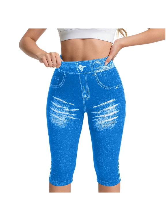 Jean Capris for Women Stretchy High Waisted Tummy Control Pull-On Capri Leggings Cropped Denim Leggings with Pockets Blue XXL