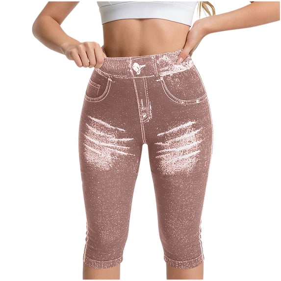 AHTJRT Jean Capris for Women Stretchy High Waisted Tummy Control Pull-On Capri Leggings Cropped Denim Leggings with Pockets Coffee S