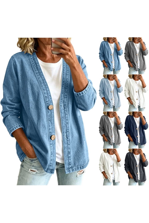 Jean Jackets for Women Long Sleeve Deep V Neck 2-Button Shackets Solid Color Casual Cowboy Cowgirl Y2K Streetwear Jean Jackets with Pockets Light Blue S