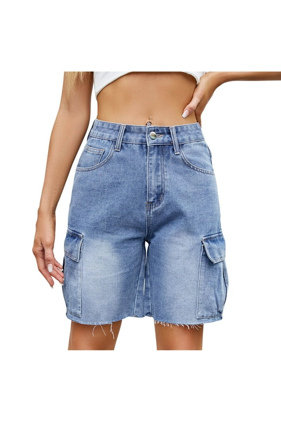 Jean Shorts for Women Ripped Cut off Denim Shorts with Multiple Pockets Straight Leg Summer Hiking Vacation Capris Blue S