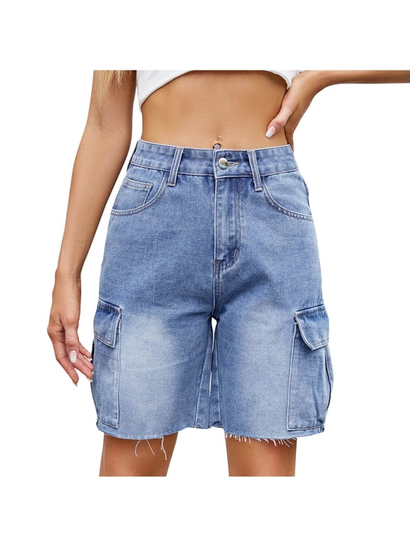 Jean Shorts for Women Ripped Cut off Denim Shorts with Multiple Pockets Straight Leg Summer Hiking Vacation Capris Blue XXL