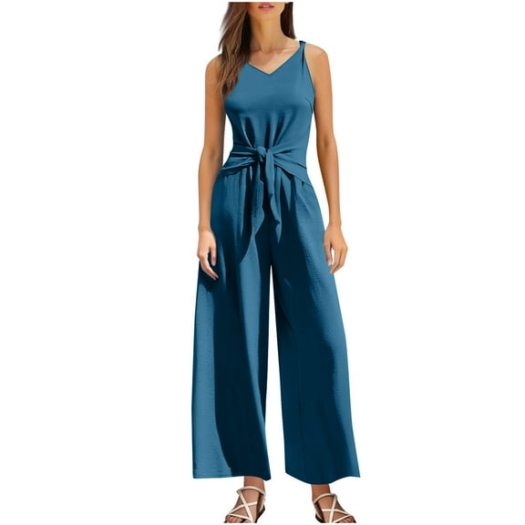 AHTJRT Jumpsuits for Women Dressy Casual One Piece Outfits with Pockets Sleeveless V Neck Belted Wide Leg Pants Rompers Blue S