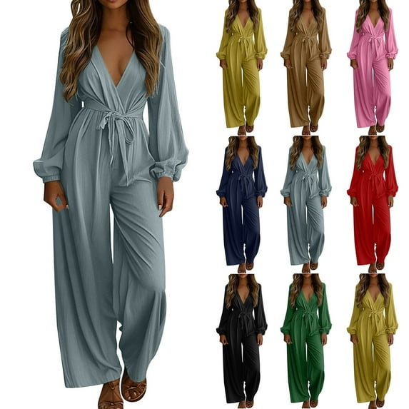 AHTJRT Jumpsuits for Women Long Sleeve Deep V Neck Wide Leg Dressy Elegant Boho Party Date Night Rompers Casual Belted One Piece Outfits Pink M