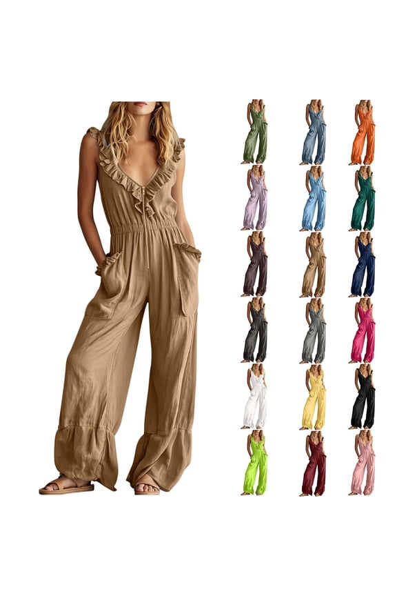Jumpsuits for Women Ruffle Trim Deep V Neck Sleeveless Front Zip Jumpsuit Cute Boho Baggy Wide Leg One Piece Boho Vacation Rompers Khaki M