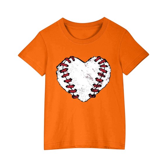 AHTJRT Kids Baseball Shirts Love Heart Balls Graphic Print Tshirt Crewneck Short Sleeve Tee Tops for Outdoor Active Sports Orange 7 Years