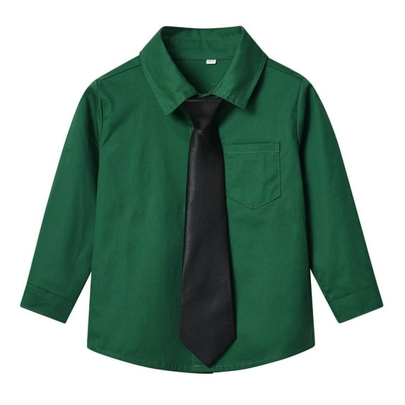 AHTJRT Kids Dress Shirt Boys Girls Long Sleeve Lapel Button Down Pocket Tee Tops with Matching Tie Party Prom Wedding Green 1-2 Years