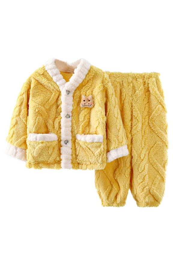 Kids Fuzzy Pants Set Fleece Winter Thermal Flannel Outfits Loose Fluffy Button-Down Cardigan Top Trousers Loungewear Set Yellow 13-14 Years
