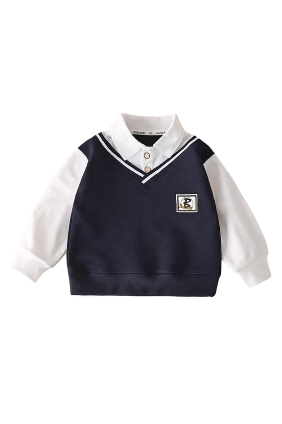 Kids Long Sleeve Shirt Casual Lightweight Lapel Button Top Tees Fake Two Pieces School College Uniforms Fashion Fall Spring Tops Navy 2-3 Years