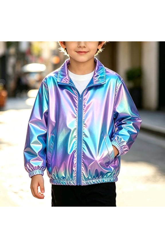 Kids Metallic Shiny Jacket Girls Boys Sparkly Lightweight Waterproof Raincoats Fashion Streetwear Y2K Glitter Outerwear Jackets Multicolor 4-5 Years